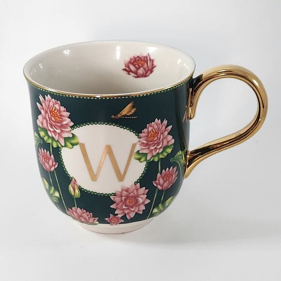 Anthropologie Lou Rota Monogram Mug “W” Green Floral Lotus Design w/ Gold Handle - Picture 2 of 8